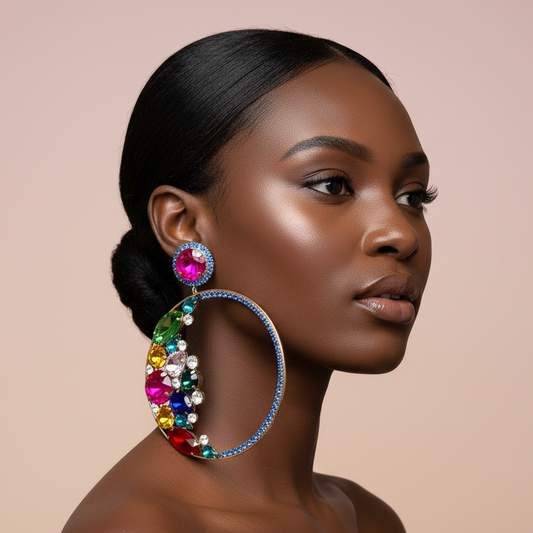 Woman wearing a colorful earring with a beige background
