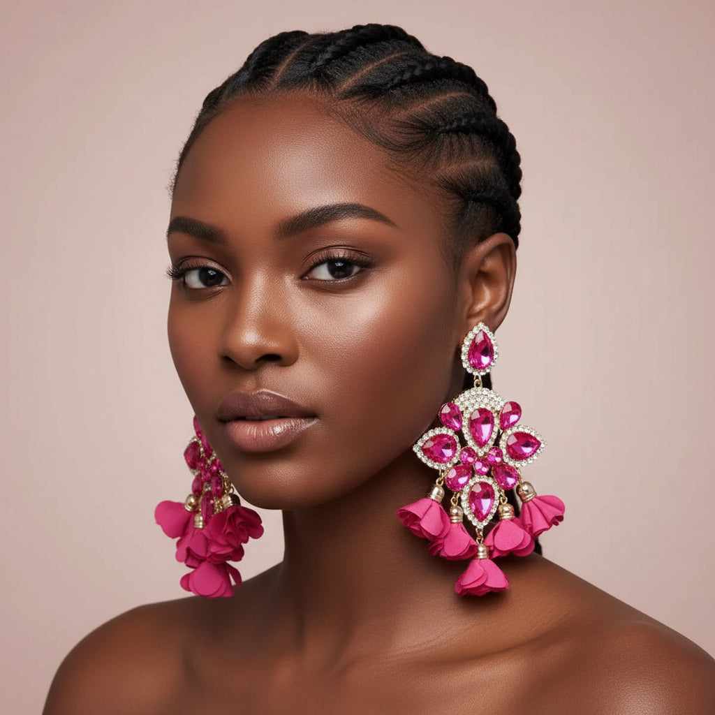 Woman wearing pink flower and rhinestone earrings with a neutral background