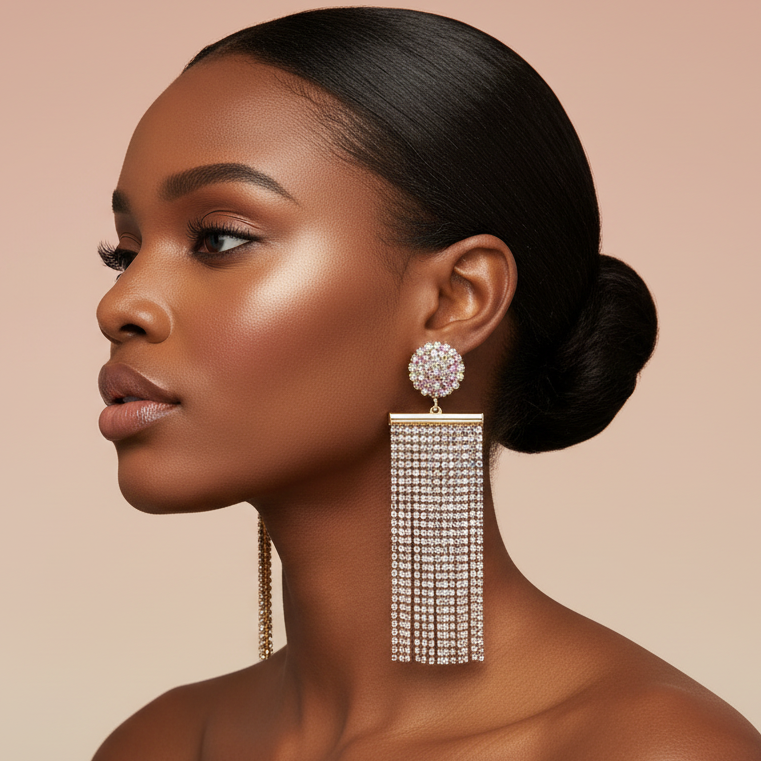 Woman wearing a pair of large, ornate earrings on a beige background