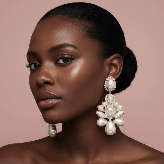 Woman wearing elegant pearl and rhinestone earrings against a soft pink background