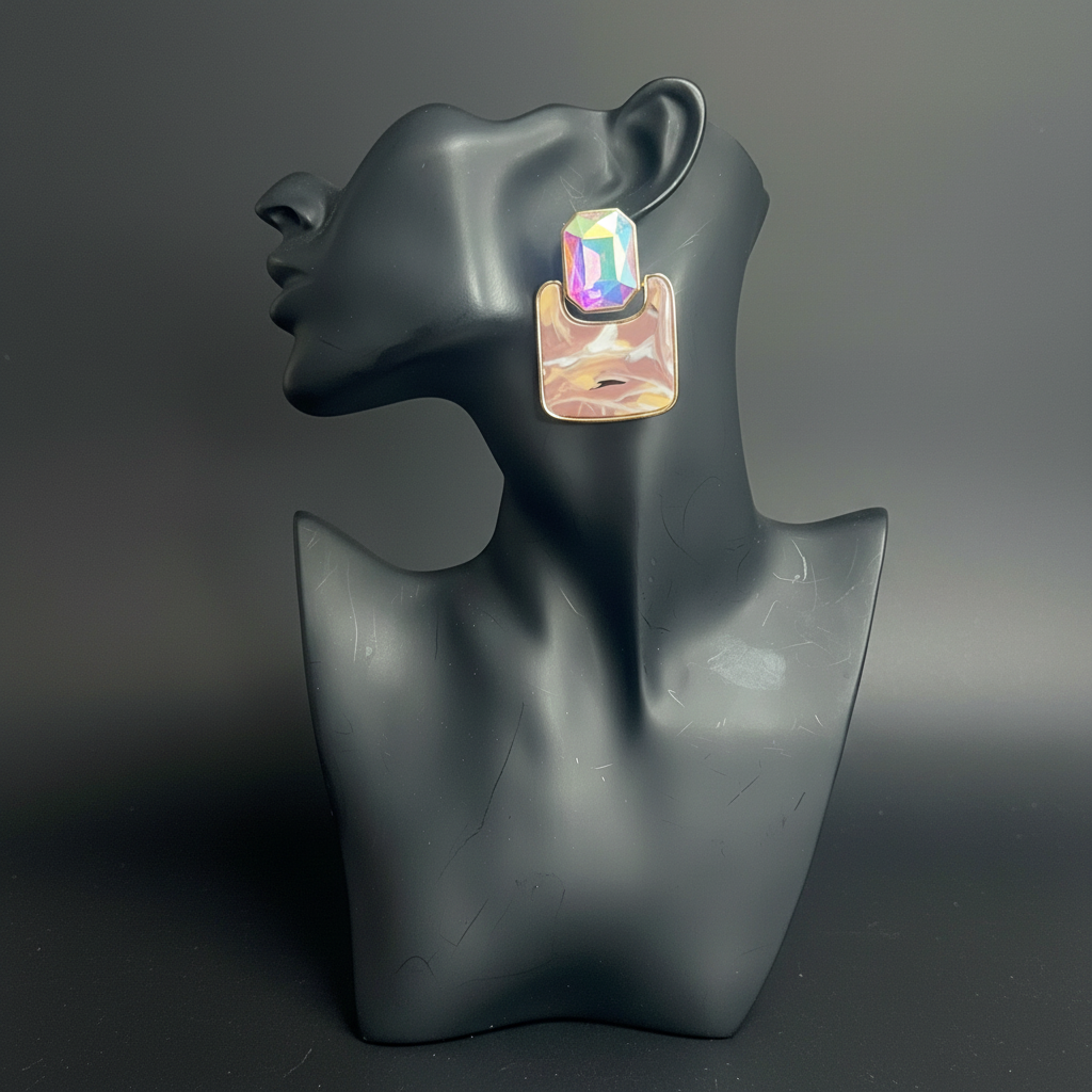 A pair of chunky geometric earrings displayed on a matte black mannequin head. The earrings feature a faceted iridescent top with a square-cut bottom in a pearlescent pink, gold, and green iridescent finish, set against a gray tiled background.