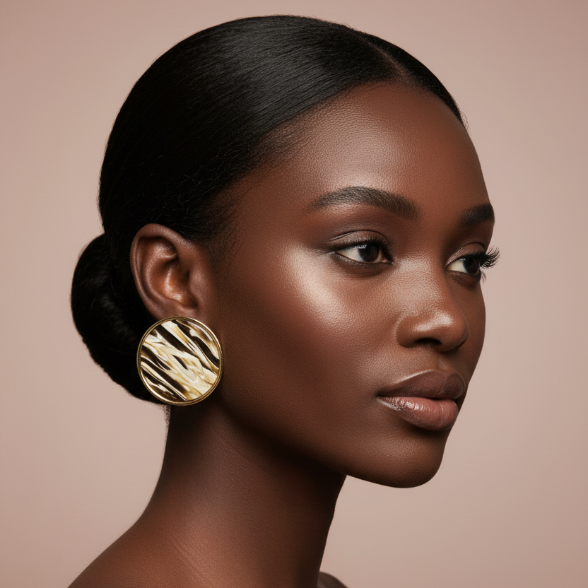 A close-up portrait of a woman with dark hair in a low bun wearing a large round gold earring with a black zebra-like pattern, set against a solid warm beige background.