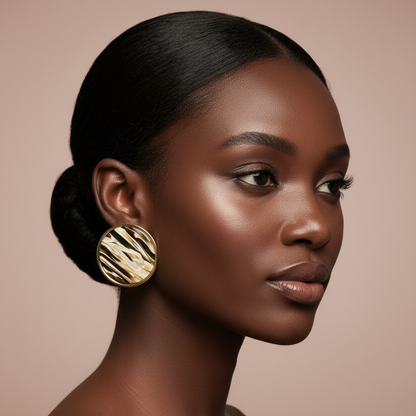 A close-up portrait of a woman with dark hair in a low bun wearing a large round gold earring with a black zebra-like pattern, set against a solid warm beige background.