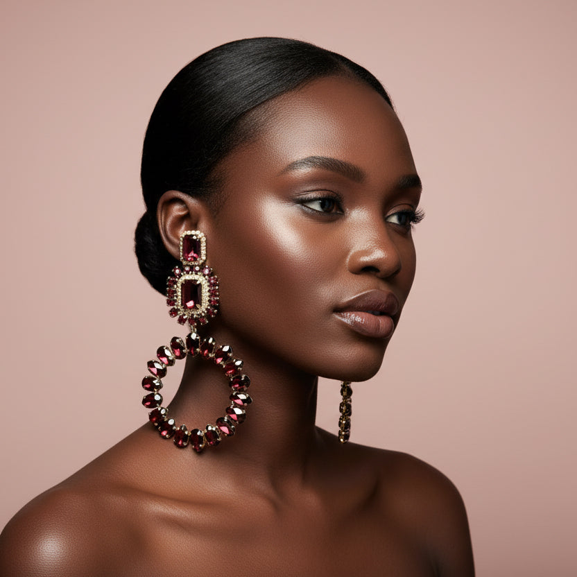 Woman wearing a pair of  wine color large rhinestone earrings against a blush background