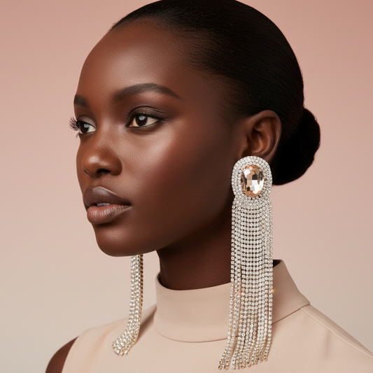 Woman wearing long, dangling earrings with a neutral background