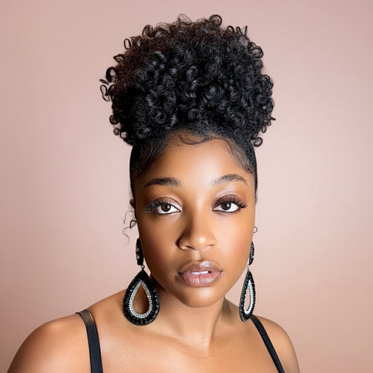 Woman wearing oval shaped black and silver earrings with a beige background