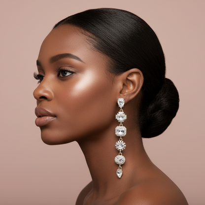 Woman wearing a set of dangling rhinestone earrings against a beige background