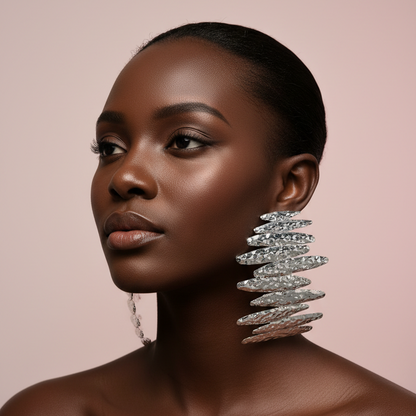 Woman wearing large, sparkling earrings against a soft pink background