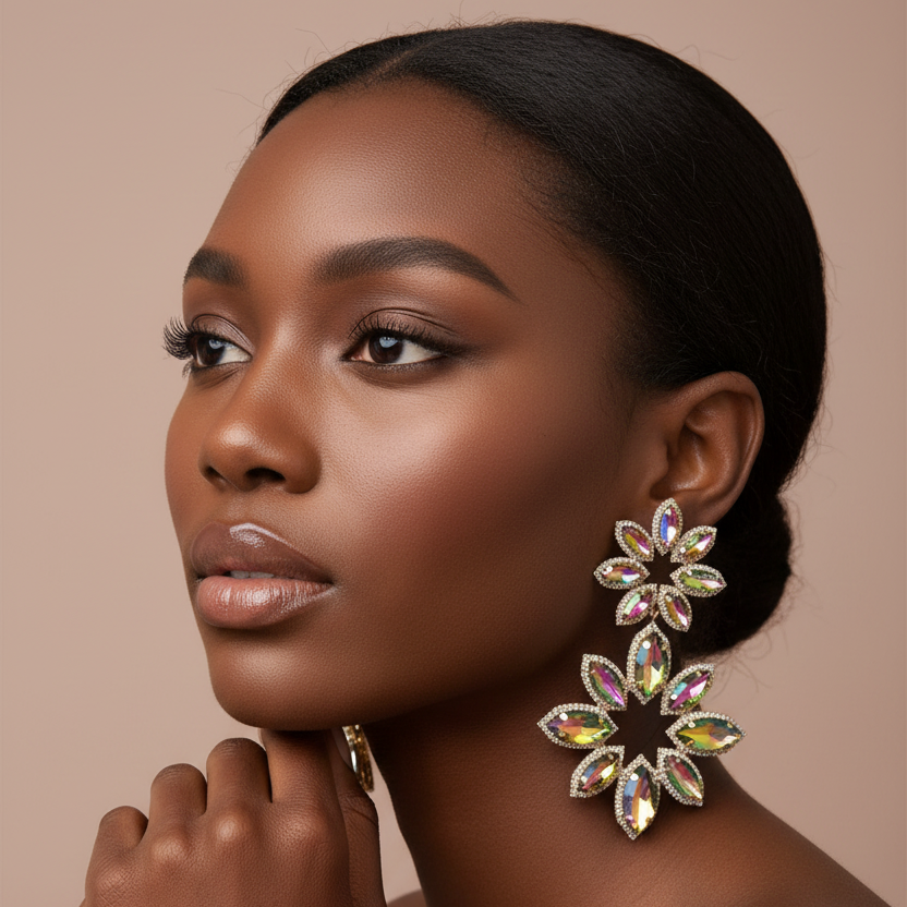 Woman wearing a large, ornate earring against a neutral background