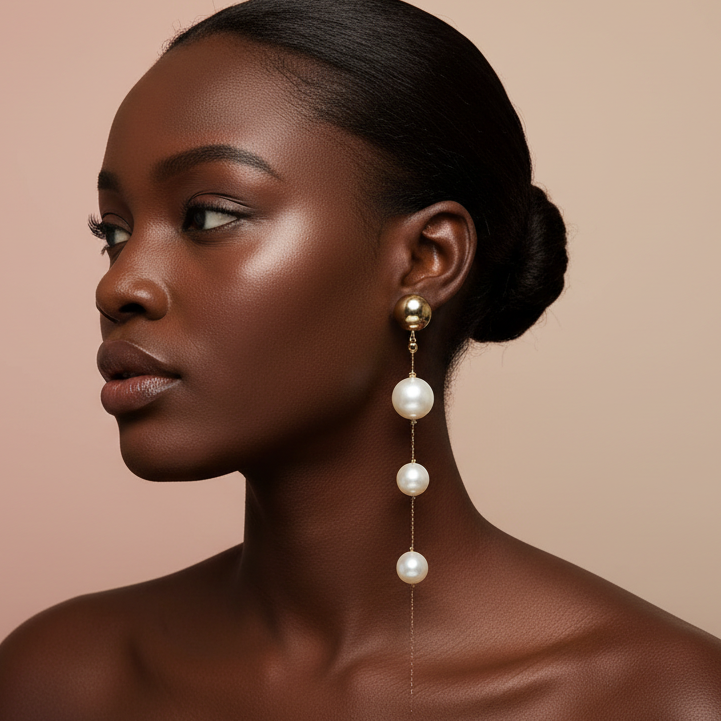 Woman wearing pearl earrings against a beige background