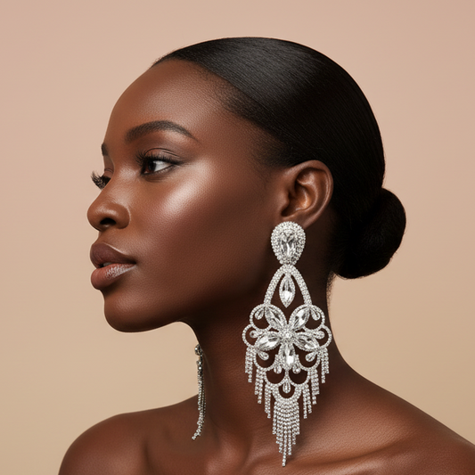 Woman wearing a pair of elegant, dangling earrings against a beige background