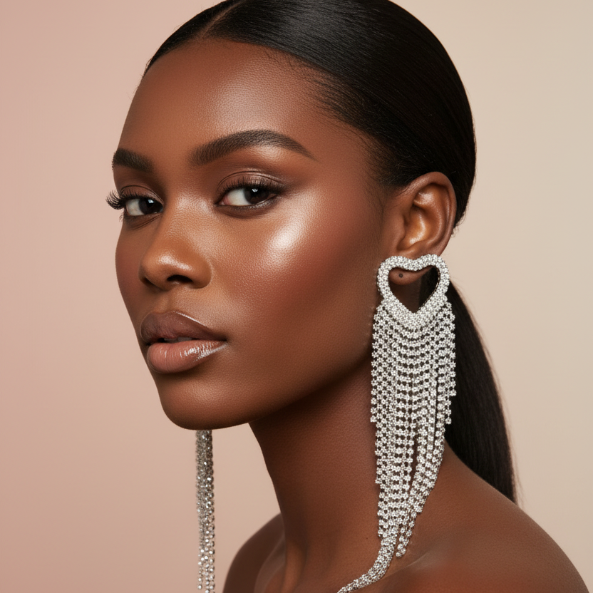 Woman wearing a pair of long, dangling rhinestone silver earrings with a neutral background