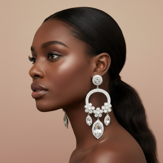 Woman wearing a pair of silver elegant dangle rhinestone earrings against a beige background