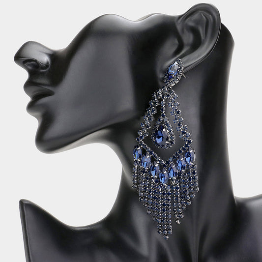 Elegant blue crystal earring on a black mannequin ear