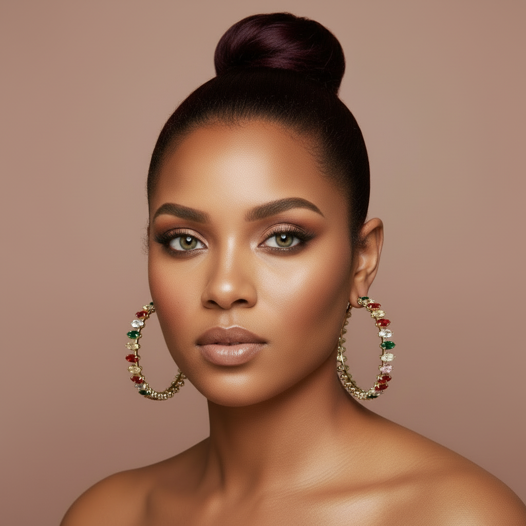 Woman wearing large colorful rhinestone  hoop earrings with a neutral background