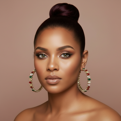 Woman wearing large colorful rhinestone  hoop earrings with a neutral background