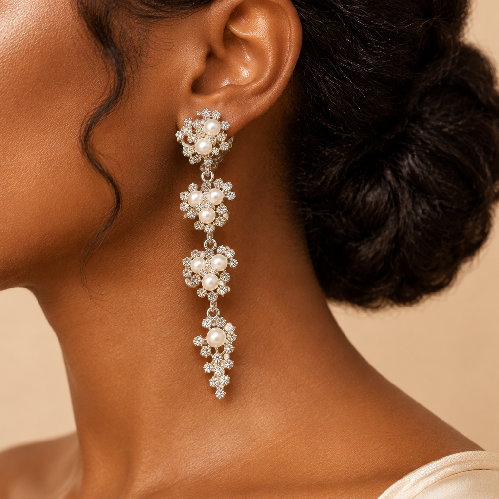 A close-up of a woman wearing a long, multi-flower drop earring made of silver-toned metal, pearls, and clear crystals, set against a warm beige background.