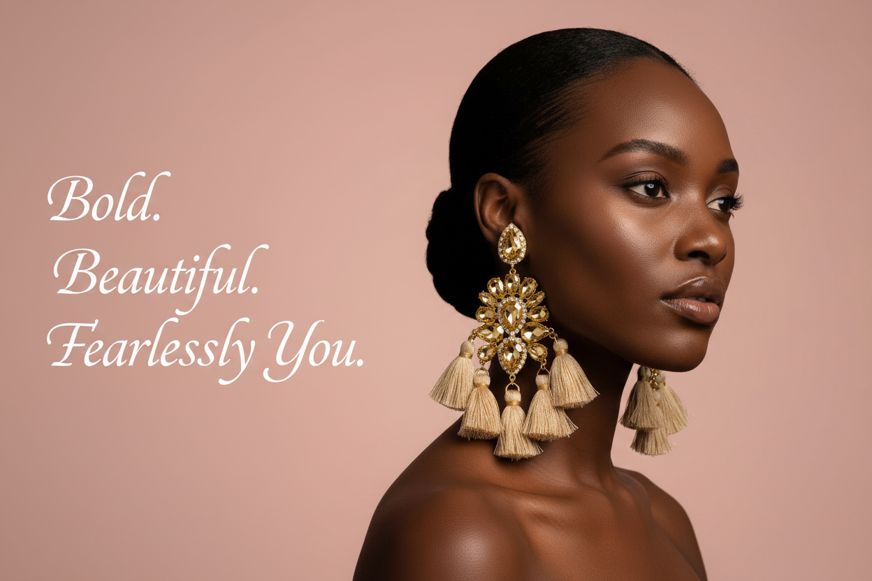 Woman wearing beige rhinestone and fringe earrings with a motivational quote on a pink background